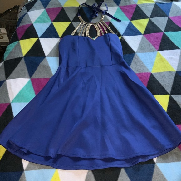 Royal Blue Halter Dress with Diamond Neckline - Picture 1 of 3